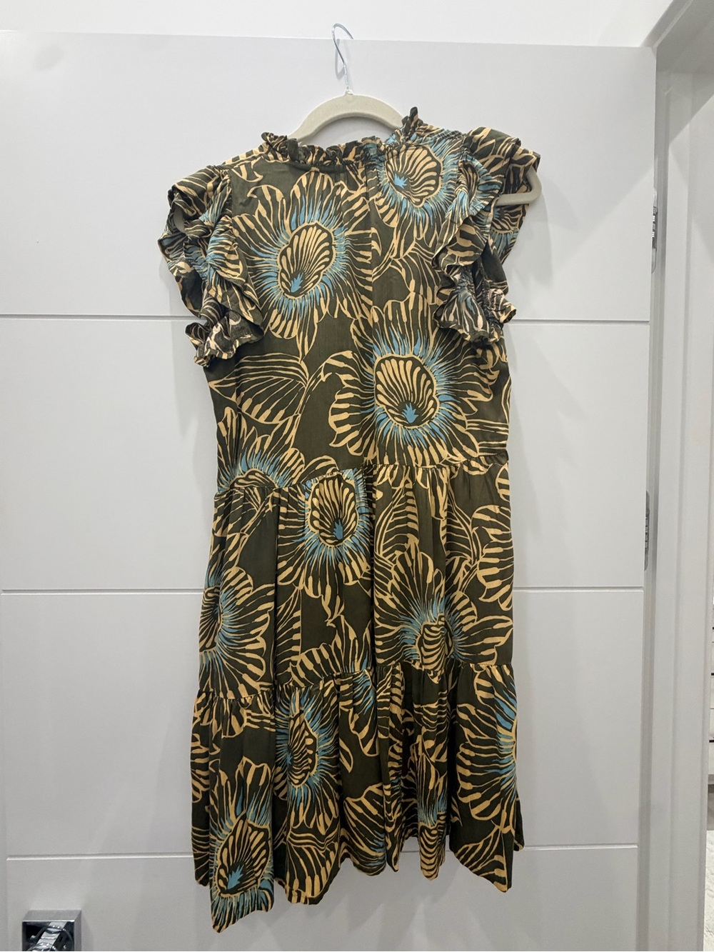 Omika Olive Floral Midi Dress with Tan and Blue Accents - Picture 2 of 3